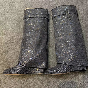 Full Diamonds Luxury Boots Soft Shiny Overlay Slip-on Wedge Heel <b>Shoes</b> Women's Metal Lock Knee High Boots - Product Image 2