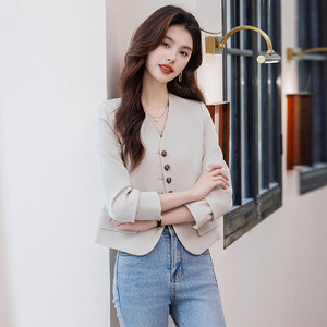 Women's Black Blazer Short Style Solid Color Polyester Wool Blend Spring Autumn Wear - Product Image 2