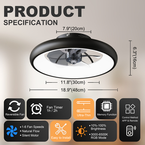 19.3" <b>RGB</b> Color Changing Ceiling Fan with Light 6-Speed Silent Reversible Motor for Bedroom Black - Product Image 6