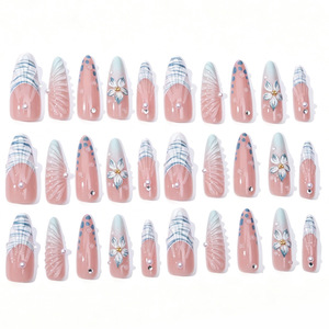 30Pcs Almond <b>Press</b> On Nails Blue <b>Flower</b> Pearl False Nail Tips Full Cover Artificial Fingernails For Manicure Wholesale - Product Image 3