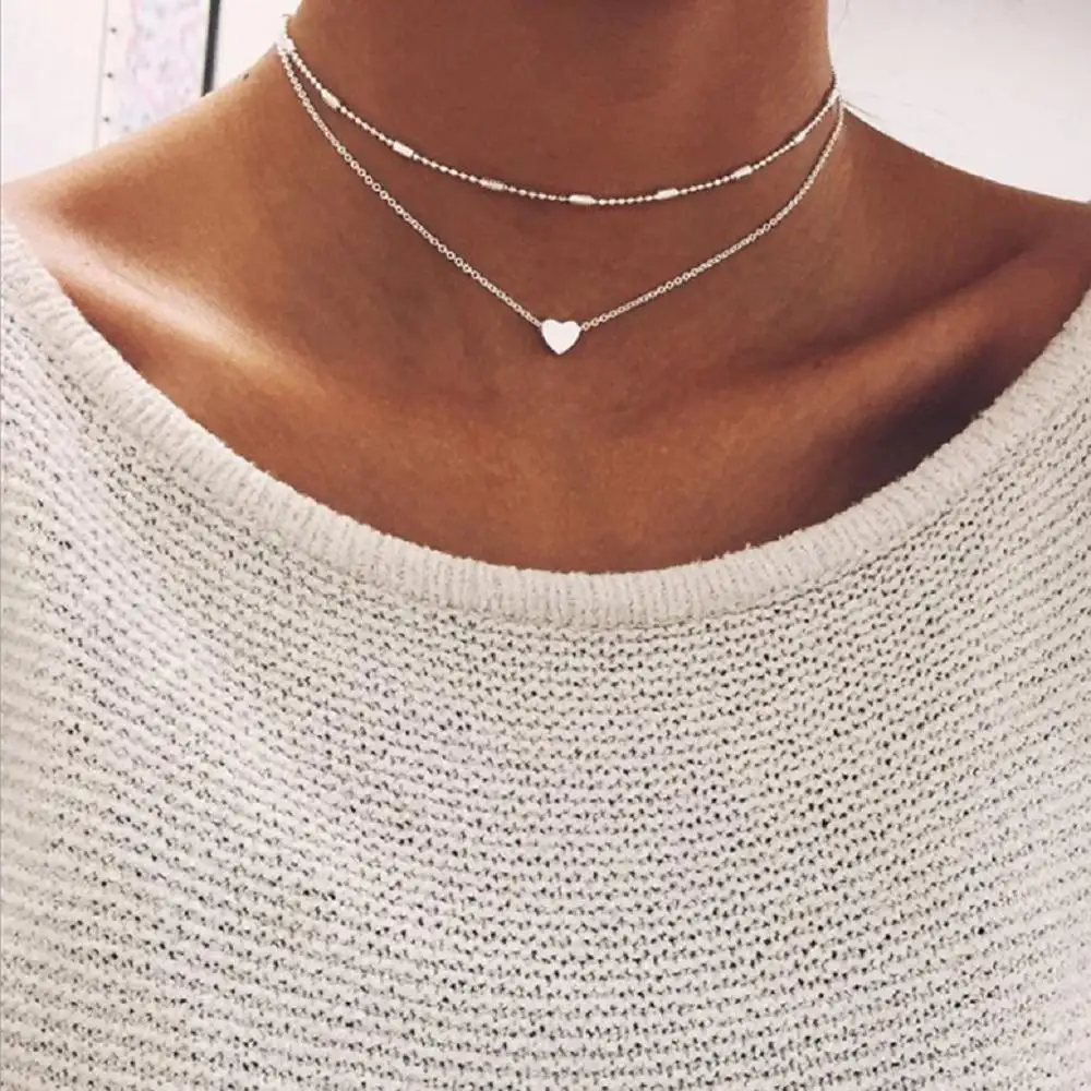 Minimal Heart Choker Multilayer Necklace Chain Small Love Necklace Pendant Bohemian Necklace Jewelry