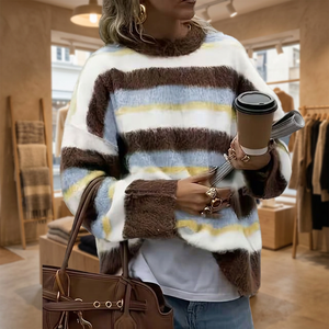 Suéter de Mujer para Invierno, Casual, de Punto con Rayas, Corte Holgado, Color Amarillo Marrón - Product Image 3