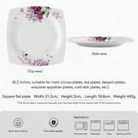 Assiette carrée plate en céramique de porcelaine fine Lilas de 8,2 pouces, style chinois, pour plantes, usage domestique, pour thé, pâtisserie ou dîner