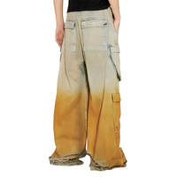 Jeans cargo dégradé ombré OEM ODM en gros à faible MOQ, avec ourlets effilochés, jaune coucher de soleil, pantalon en denim à cordon de serrage