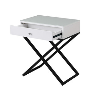 Koraldo 23W White Wooden <b>Side</b> <b>Table</b> With Glass Top <b>Drawer</b> Metal Cross Base Nightstand - Product Image 5