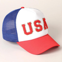 Sombreros de camionero de ala curva con contraste de Color rojo y azul, gorra Snapback de EE. UU. con letras iniciales de 5 paneles, gorras de béisbol traseras de malla personalizadas