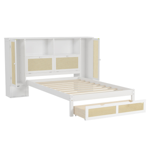 Twin Size Wooden <b>Bed</b> with Two Storage Lockers Drawer Storage Shelf on Headboard Multifunctional Platform <b>Bed</b> with Natural Rattan - Product Image 5
