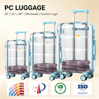 Ensemble de bagages transparents en PC personnalisés de 20, 24, 26 et 28 pouces, valise rigide transparente avec serrure TSA et roulettes pivotantes