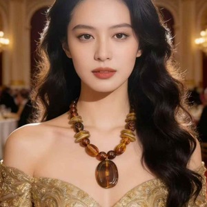 Vintage Geometric Acrylic Resin & Lucite <b>Beaded</b> <b>Necklace</b> Amber Color Women's Party Jewelry - Product Image 1