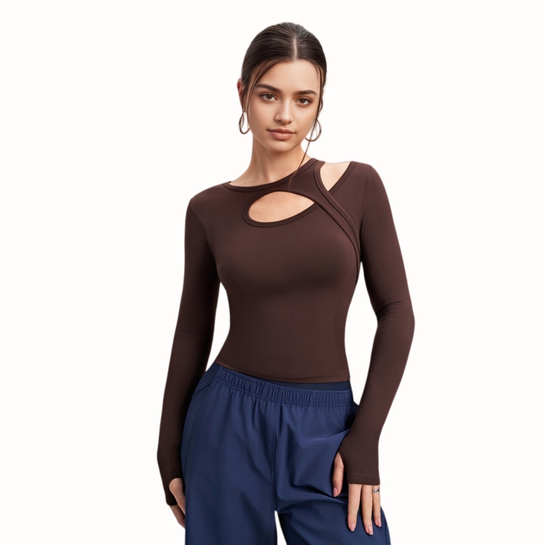 Romantic Asymmetric Long Sleeves Shockproof Padded Workout Fitness Shirts Women Running Gym Yoga Tops