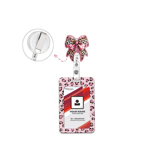 Transparent clip-on pink leopard print easy-open clasp acrylic sequin glitter UV printed double-sided embossed <b>ID</b> card <b>holder</b>, - Product Image 1