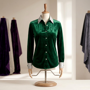 Chemise d'équitation pour femme en velours vert émeraude, col à paillettes argentées, poignets français, légère, respirante, de qualité supérieure - Product Image 1