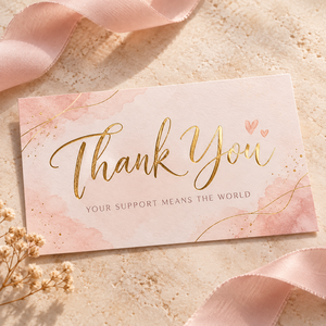 Biglietto di ringraziamento in lamina d'oro con inserto per pacchetto, biglietto di ringraziamento rosa tenue con texture acquerello, biglietto personalizzato per apprezzamento ordini aziendali - Product Image 1