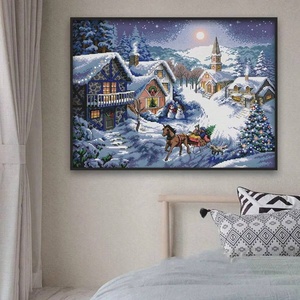 Broderie Rectangulaire Faite Main XIXI Série Paysage Point de Croix Châlet de Noël Chariot Neigeux Ambiance Salon Art Déco - Product Image 3