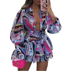 Custom fall wear for woman high waist sexy deep V dresses printed multi colored