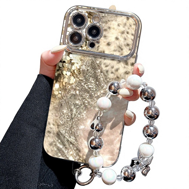 iPhone 16 Leopard Print Glitter Patchwork Premium TPU Phone Case Silver White Beads Hanging Chain Shockproof Protective Cover