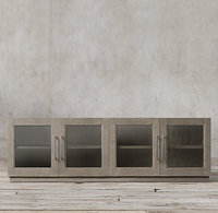 Meuble TV Rhoohill personnalisé pour salon, en bois massif, avec 4 portes vitrées, style vintage américain, console multimédia longue en bois