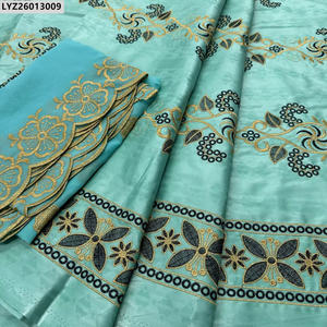 Traditionelle afrikanische Stickerei 5 Yards Bazin Stoff mit 2 Yards Net Lace für Kleid - Product Image 5