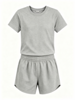 Ensemble décontracté 2 pièces pour enfants, couleur unie, t-shirt à manches courtes à col rond et short à taille élastique, tenue de détente pour enfants