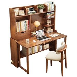 <b>Solid</b> <b>Wood</b> Foldable <b>Desk</b> With Bookshelf Integrated Study Table For Home Office Bedroom Computer Use Minimalist Modern Style - Product Image 5