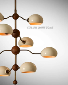 Lustre moderne italien en laiton et noyer, 8 lumières, abat-jour en dôme crème, luminaire de plafond Sputnik, éclairage suspendu de luxe - Product Image 4