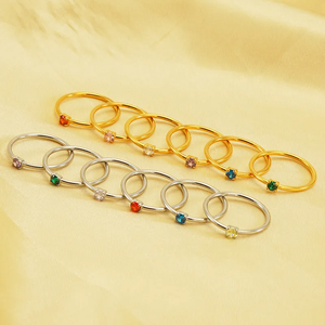 Elegante estilo simple 304 anillos de acero inoxidable 18K chapado en oro redondo piedra de nacimiento Zircon incrustaciones accesorio de joyería de moda - Product Image 1