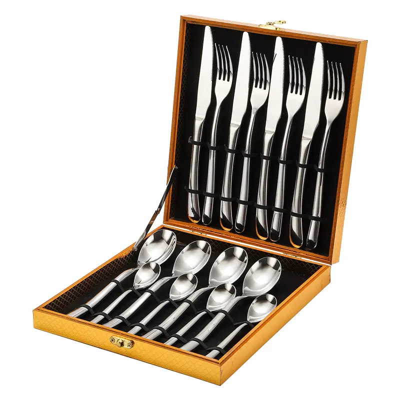 High-grade tableware set 24 pieces wooden box gold 4 pieces set 304 thick handle knife fork spoon tea spoon
