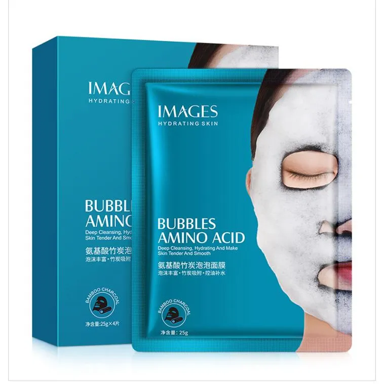 Imágenes 1PC Aminoácido Bubble Mask Deep Pore Clean Bamboo Charcoal Black Face Mask Whitening Facial Skin Care Treatment Mask