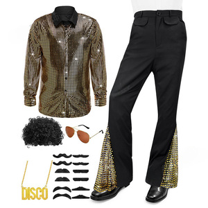 Costume d'Halloween vintage années 60-70 style <span class=keywords><strong>hippie</strong></span>, pantalon à paillettes, haut, pantalon pattes d'éléphant pour homme, tenue brillante pour chanteur <span class=keywords><strong>de</strong></span> discothèque et danseur - Product Image 1