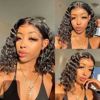 Perruque Courte Bob Bouclée Péruvienne en Cheveux Humains Vierge Remy, Perruque Bob Bouclée Sans Colle avec Dentelle HD pour Femmes Noires