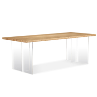 Table de salle à manger rectangulaire moderne en bois massif de frêne avec pieds en acrylique transparent et bords naturels