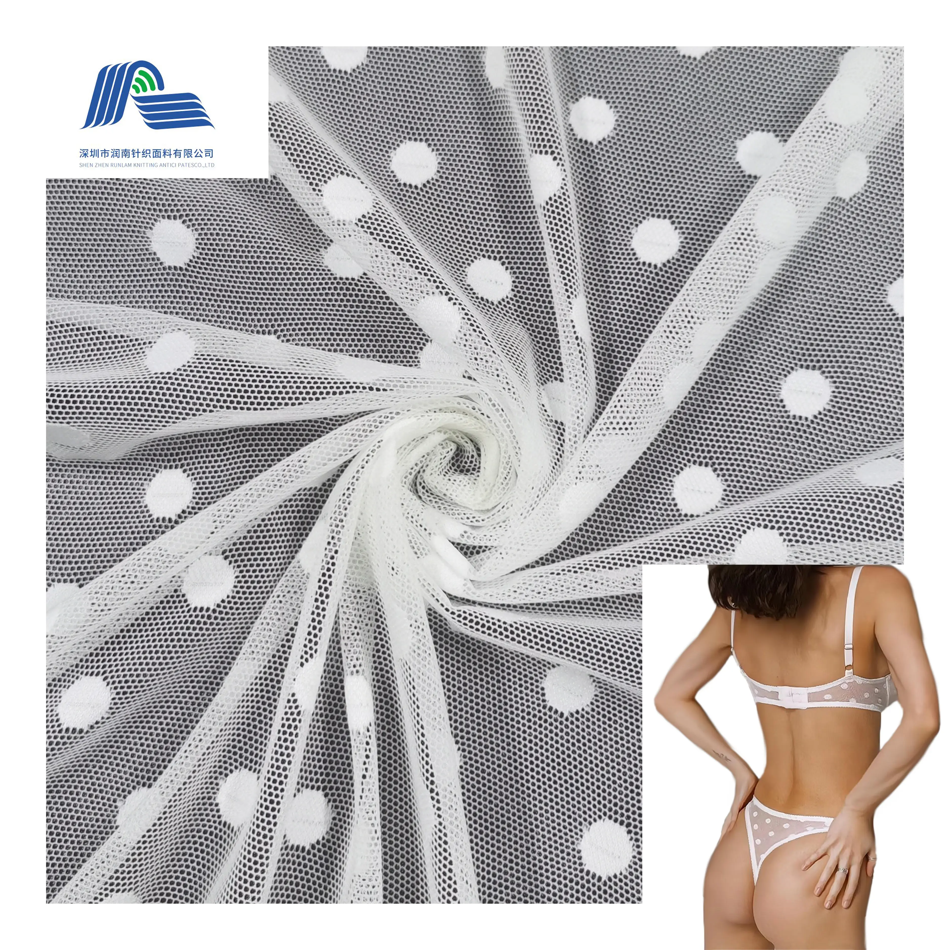 2022 nuovo Design punto bianco jacquard lavorato a maglia 60gsm 88 Nylon 12 spandex vedere attraverso il tessuto a rete elasticizzato per le donne lingerie