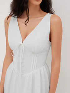 Elegante Abito <span class=keywords><strong>Midi</strong></span> <span class=keywords><strong>Bianco</strong></span> in Stile Francese, <span class=keywords><strong>Vestito</strong></span> da Donna con Scollo a V, Allacciatura Frontale, Bottoni, Vita Arricciata, Linea ad A, per Matrimoni e Feste - Product Image 4