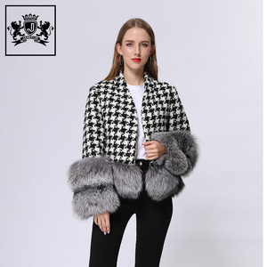 Janefur Ladies Short Spring Winter Manteau en <span class=keywords><strong>laine</strong></span> pour femmes Trendy Black Plaid Long Sleeves Slim Fox Fur Tweed Jacket - Product Image 2