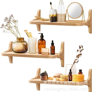 Wooden <b>Wall</b> Mounted <b>Floating</b> <b>Shelf</b> Natural Wood Color Rectangular Bathroom Storage Rack Display Stand - Product Image 4