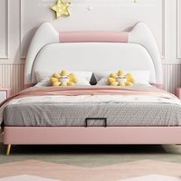 Lit de princesse moderne de luxe pour chambre d'enfant, 1,8 mètre, dossier rembourré doux, design oreilles de chat, revêtement en cuir confortable