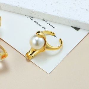 Anillo Abierto de Hoja de Loto Exagerada con Perla Grande, de Oro 18K y Acero Inoxidable Fundido, Joyería al por Mayor SS-066 - Product Image 2