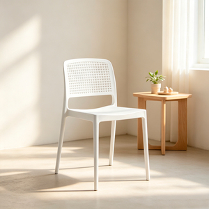 Modern White Plastic <b>Dining</b> <b>Chair</b> With Geometric Backrest <b>Stackable</b> Design Minimalist Style Home Furniture - Product Image 1