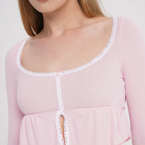 2 Piece Rib Lace Trim Women's Pajama Set Custom Logo Winter Cotton <strong>Crop</strong> Top Pants Women's <strong>Pyjamas</strong> with Large Neck Sexy and Soft - Product Image 6