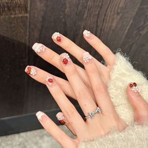 <span class=keywords><strong>Faux</strong></span> ongles carrés rose fraise à couverture complète avec perles, courts, application facile, style Sweet Girl, faits main, pour nail art - Product Image 2