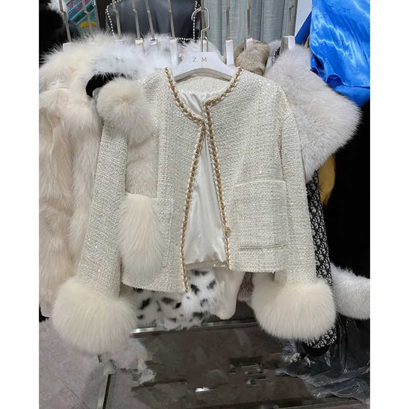 Korean Style Female Chic Cropped Wool Blend Tweed Coat 2022 New Sweet Natural Fox Fur Cuff Fashion Woolen Jacket For Women
