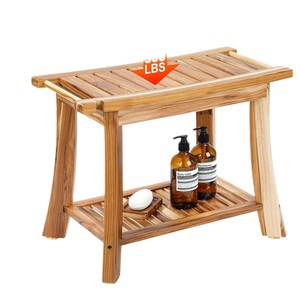 Tabouret de douche en bois massif avec barre porte-serviettes et étagère de rangement 35,6x59,9x45,5 cm, imperméable, résistant à l'humidité, antidérapant - Product Image 2