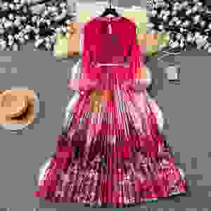 Vestido Maxi Plisado con Cuello Redondo para Mujer, Ecológico, Tejido, Drapeado, con Manga Linterna, Estampado, con Cuentas y Encaje Calado - Product Image 4