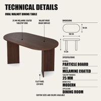 Table à manger ovale élégante en noyer 200 x 90 cm, design extensible, panneau de particules mélaminé 25 mm, mobilier de salle à manger moderne