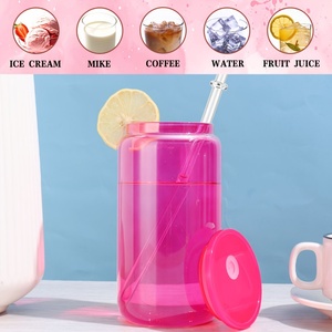 Venta caliente <span class=keywords><strong>de</strong></span> fábrica 16oz plástico acrílico globo <span class=keywords><strong>de</strong></span> nieve transparente cerveza Soda Libby tazas gelatina lata <span class=keywords><strong>con</strong></span> tapa y pajita - Product Image 2