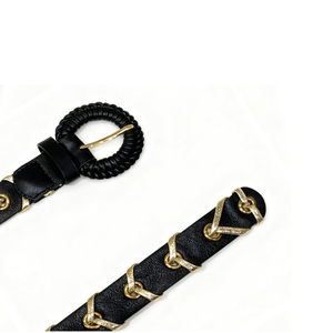 Cintura Vintage di Lusso in Pelle PU Intrecciata per Donne, Catena Metallica Dorata, Fibbia Rotonda alla Moda, Accessorio per Abiti e Cappotti - Product Image 5