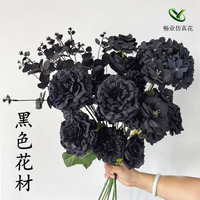 Bunga Hydrangea Sutra Hitam Buatan Tangan dengan Tangkai Bunga untuk Upacara Pernikahan, Aula Hotel, Halloween, Hari Valentine