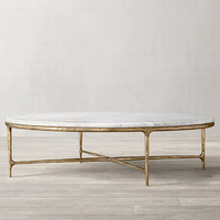 Table basse ovale en marbre blanc RH THADDEUS avec pieds en métal doré Table centrale de salon moderne et luxueuse Table d'appoint en pierre chêne