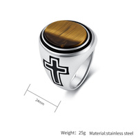 Bague signet vintage pour homme en acier inoxydable avec motif croix en onyx œil de tigre naturel