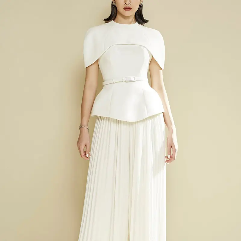 ZYHT DR0079 Chic High Quality Floor Length White Two Piece Clothing Pleated Wide Leg Pants 3 Piece Set Women